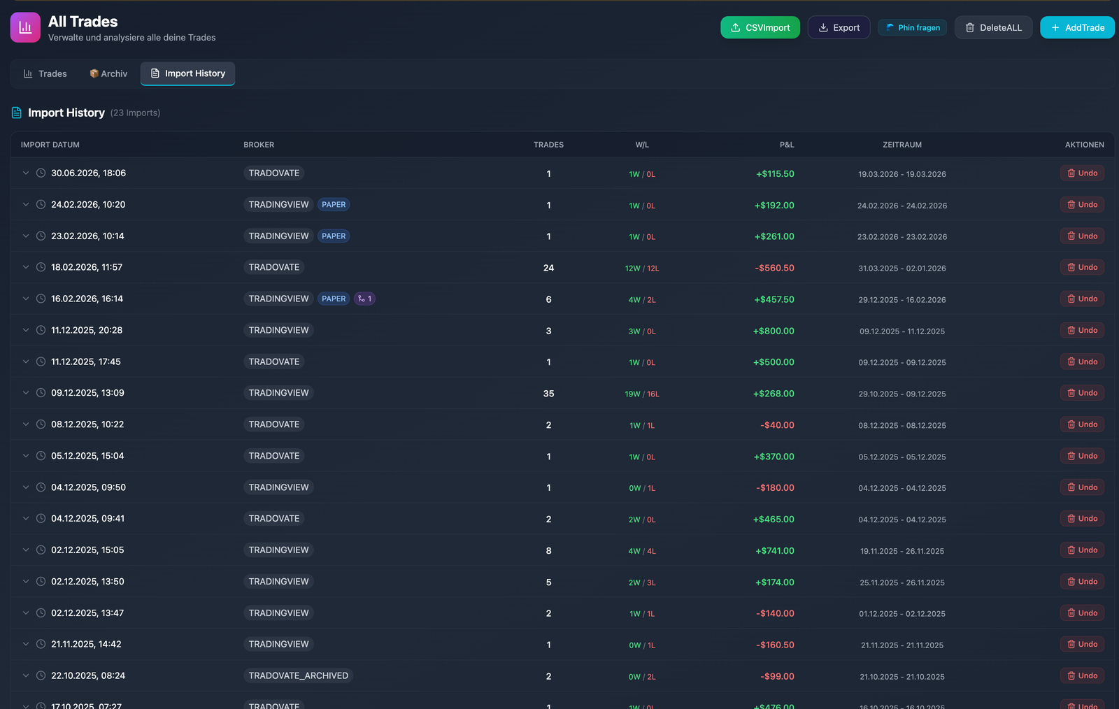 Import History — alle Imports versioniert mit 1-Click Undo pro Zeile