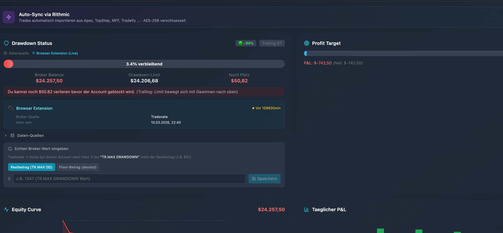 Apex Prop Account Detail — Drawdown Status, Auto-Sync, Equity Curve, Payouts
